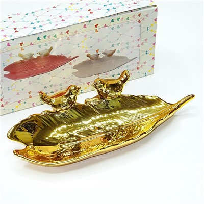 Тарелка Лист с птичками gold керам. 24*10*6 см