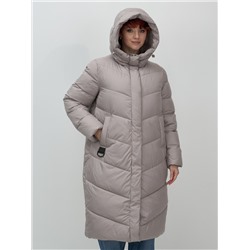 Пальто зимнее утепленное с капюшоном женское серого цвета 7623Sr