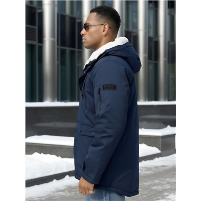 Парка мужская зимняя удлиненная с мехом темно-синего цвета 8761TS