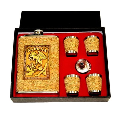 Н-р Фляжка + 4 стакана + воронка Байкал (береста, пробка) 22*17*4.5 см