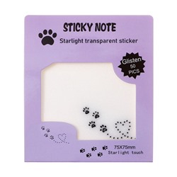 Блок с липким краем, 75×75 мм, 50 листов, прозрачные с блестками «Лапки кошки»