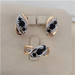 Комплект ювелирной бижутерии коллекция "Дубай" серьги и кольцо 17 р, покрытие позолота, вставка: фианиты и цирконы, цвет: черный и прозрачный, арт.414.615-17