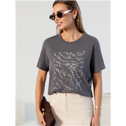 Нарядная футболка с принтом пайетками из премиального хлопка с эластаном
