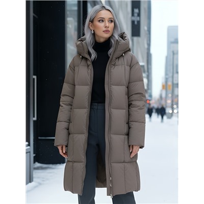 Пальто зимнее утепленное с капюшоном женское светло-коричневого цвета 7741SK