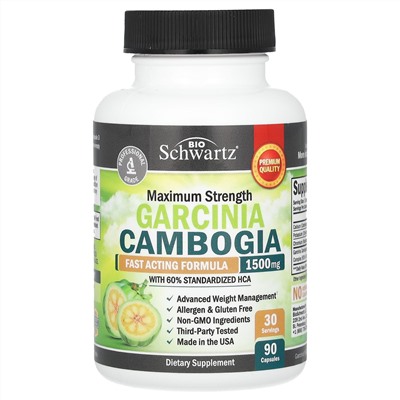 BioSchwartz, гарциния камбоджийская, максимальная сила действия, 1500 мг, 90 капсул (500 мг в 1 капсуле)