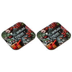 Набор подставок под кружку 2 шт, 9,2x9,2см, дерево, "Новый год", 5 дизайнов