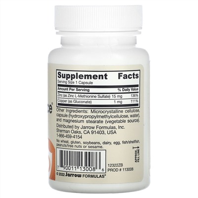 Jarrow Formulas, Zinc Balance, веганская добавка, 100 растительных капсул