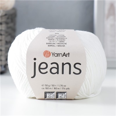 Пряжа для вязания спицами, крючком YarnArt, Jeans, 55% хлопок, 45% акрил, 160 м/50 г, (01 белый)