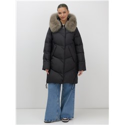 Пальто зимнее утепленное с мехом и капюшоном тренд черного цвета 7745Ch
