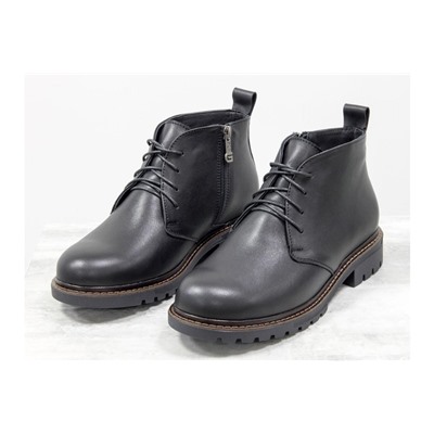 Женские ботинки на шнуровке в стиле Dr. Martens, выполнены из натуральной кожи черного цвета, на утолщенной тракторной подошве, Б-152-34