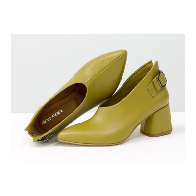 Дизайнерские туфли перчатки (glove shoes) с ремешком, на невысоком обтяжном каблуке, выполнены из натуральной итальянской кожи горчичного цвета, Новая Коллекция от Gino Figini, Т-2056-01
