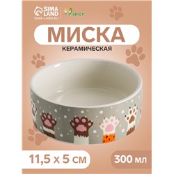 Миска керамическая «Лапы» 300 мл - 11.5×11.5×5 см, бело-серая