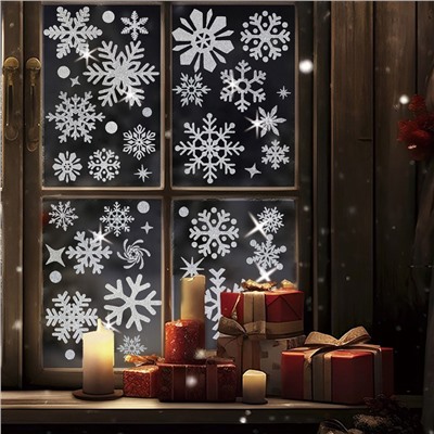 Наклейки на окна "Снежинки БЛЕСТЯЩИЕ" с серебряным глиттером 110 элементов 4 листа 20*30 см. Многоразовые, Без клея (Статические) BQ015