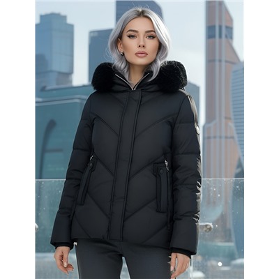 Куртка зимняя женская из овчина стильная и модная черного цвета 7348Ch