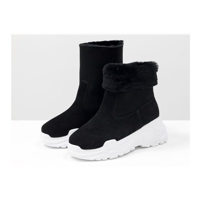 Яркие женские ботинки, типа UGG, из натуральной замши и меха овечки черного цвета, на современной высокой платформе белого цвета, Б-19120-01