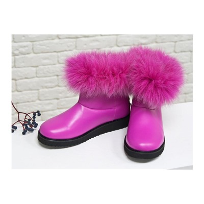 Женские ботиночки в стиле UGG из натуральной кожи цвета фуксия и натурального шикарного меха песца, Коллекция осень-зима , Б-17113