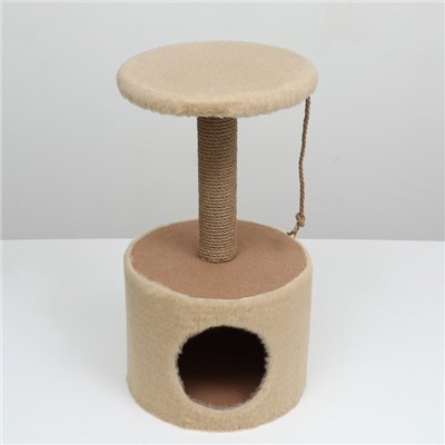 Домик для кошек с когтеточкой круглый, джут, 35×35×64 см, бежевый