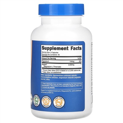 Nutricost, Magtein®, L-треонат магния, 2000 мг, 120 капсул (666 мг на капсулу)