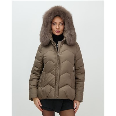 Куртка зимняя женская с мехом и капюшоном тренд коричневого цвета 7759K