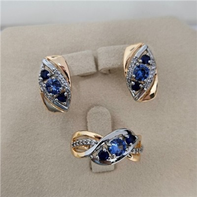 Комплект ювелирной бижутерии коллекция "Дубай" серьги и кольцо 19 р, покрытие позолота, вставка: фианиты и цирконы, цвет: синий и прозрачный, арт.414.612-19