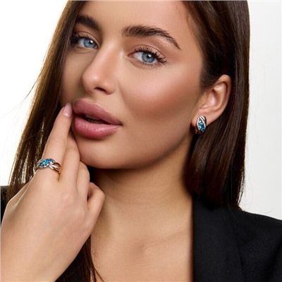 Комплект ювелирной бижутерии коллекция "Дубай" серьги и кольцо 17 р, покрытие позолота, вставка: фианиты и цирконы, цвет: голубой и прозрачный, арт.414.613-17