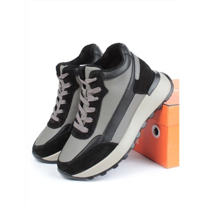 05-810-1 BLACK GRAY Кроссовки женские демисезонные (натуральная кожа , натуральная замша, натуральная байка)