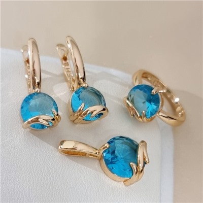 Комплект ювелирной бижутерии коллекция "Дубай" с камнем серьги, кулон и кольцо 19 р, покрытие позолота, вставка: фианиты, цвет: голубой, арт.414.549-19
