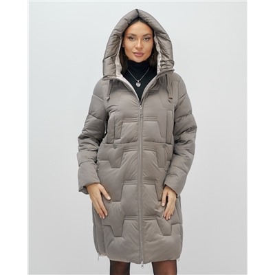 Пальто зимнее утепленное с капюшоном женское серого цвета 7638Sr