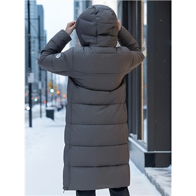 Пальто зимнее утепленное с капюшоном женское темно-коричневого цвета 1318TK