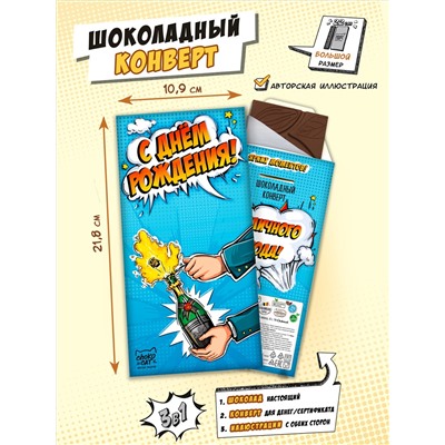 Шоколадный конверт, С ДНЕМ РОЖДЕНИЯ. ШАМПАНСКОЕ, молочный шоколад, 80 гр., ТМ Chokocat