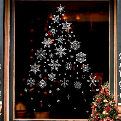 Наклейки на окна "Снежинки БЛЕСТЯЩИЕ" с серебряным глиттером 110 элементов 4 листа 20*30 см. Многоразовые, Без клея (Статические) BQ015