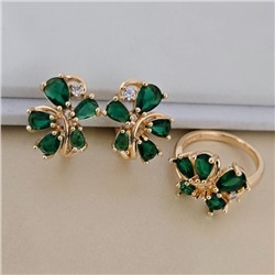 Комплект ювелирной бижутерии коллекция "Дубай" серьги и кольцо 20 р, покрытие позолота, вставка: фианиты, цвет: зеленый, арт.414.592-20