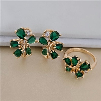 Комплект ювелирной бижутерии коллекция "Дубай" серьги и кольцо 19 р, покрытие позолота, вставка: фианиты, цвет: зеленый, арт.414.592-19
