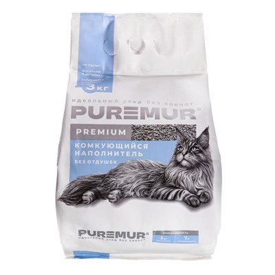 Наполнитель минеральный комкующийся PureMur Premium 3 кг,пластиковый пакет