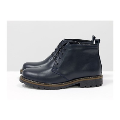Женские ботинки на шнуровке в стиле Dr. Martens, выполнены из натуральной кожи синего цвета, на утолщенной тракторной подошве, Б-152-27