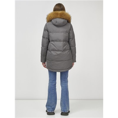 Куртка женская зимняя с мехом енот премиум класса темно-серого цвета 3146TC