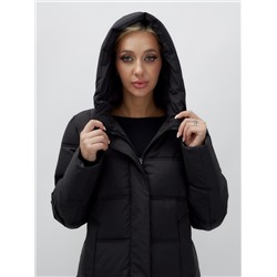 Пальто утепленное стеганное зимнее с капюшоном женское черного цвета 9627Ch