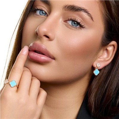 Комплект ювелирной бижутерии коллекция "Дубай" серьги и кольцо разъемное, покрытие позолота, вставка: пластик и цирконы, цвет: голубой тиффани и прозрачный, арт.414.620-17/18