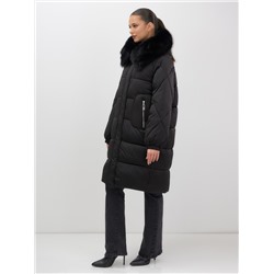 Пальто зимнее утепленное с мехом и капюшоном тренд черного цвета 7629Ch
