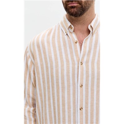 Рубашка д/р лен F611-0483 beige stripes