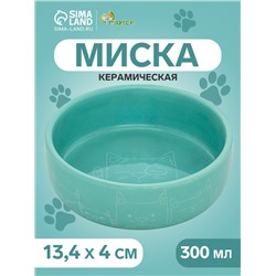 Миска керамическая «Семья котов» 300 мл - 13.4×13.4×4 cм, бирюзовая