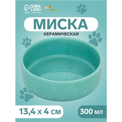 Миска керамическая «Семья котов» 300 мл - 13.4×13.4×4 cм, бирюзовая