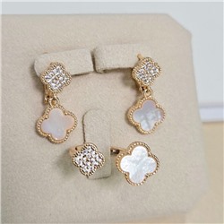 Комплект ювелирной бижутерии коллекция "Дубай" серьги и кольцо разъемное, покрытие позолота, вставка: перламутр и цирконы, цвет: прозрачный, арт.414.648-17/18