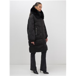 Пальто зимнее утепленное с мехом и капюшоном тренд черного цвета 7629Ch