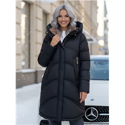 Пальто зимнее утепленное с капюшоном женское черного цвета 7747Ch