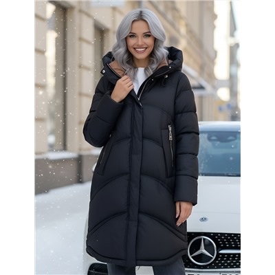 Пальто зимнее утепленное с капюшоном женское черного цвета 7747Ch