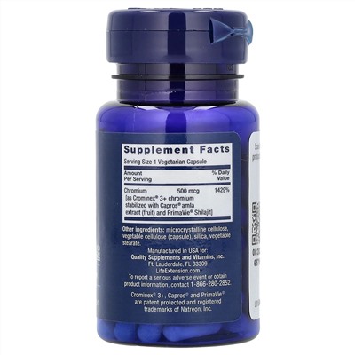 Life Extension, оптимизированный хром с Crominex 3+, 500 мкг, 60 вегетарианских капсул