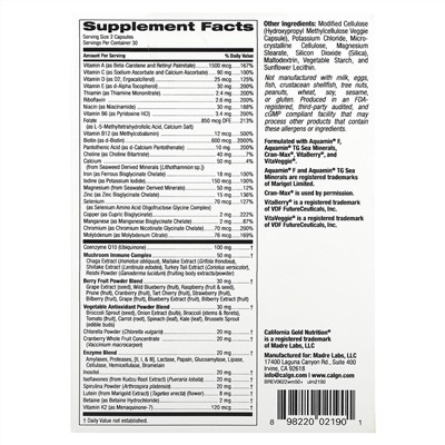 California Gold Nutrition, Ultamins, мультивитаминный комплекс для женщин старше 50 лет с коэнзимом Q10, грибами, ферментами, овощами и ягодами, 60 растительных капсул