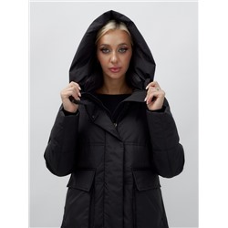 Пальто утепленное стеганное зимнее с капюшоном женское черного цвета 9602Ch