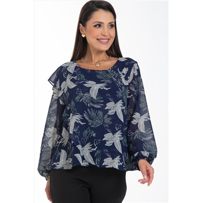 Блузка шифоновая тёмно-синего цвета с принтом